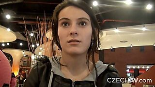 Playful Brunette Model Is Sucking A Massive Penis On The Knees